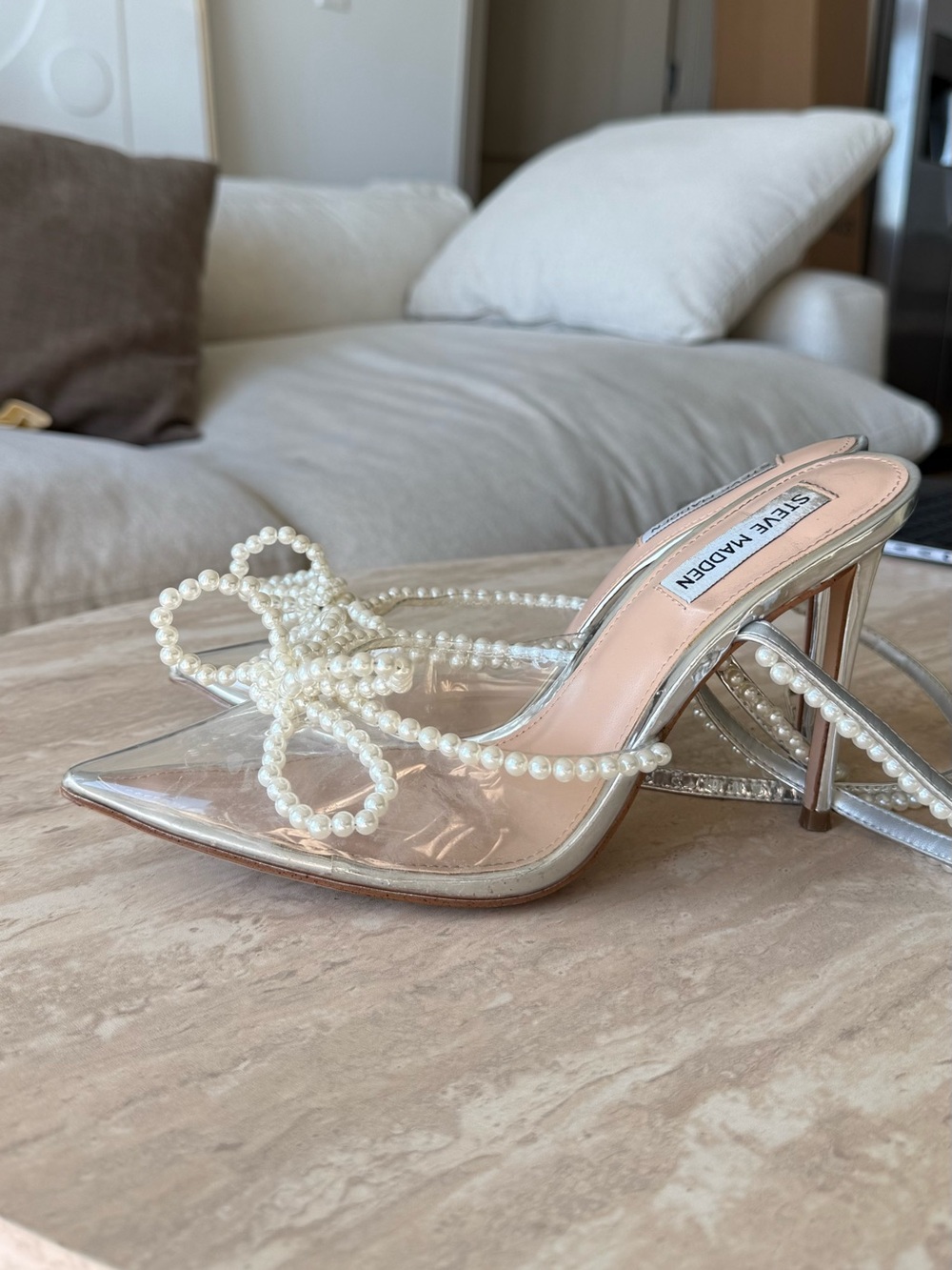 Steve Madden Clear Pearl-Embellished Stiletto Mules - White